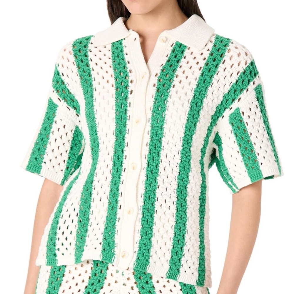 The Drop Afghan Crochet Stripe‎ Button Front Polo Top Green White L